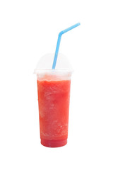 Smoothie watermelon juice isolated white background has blue straw on transparent plastic glass, Healthy fruit helps to cure diabetes, nourishes the brain. body control blood pressure and treat scurvy