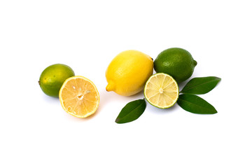 Fototapeta na wymiar Lime and limon on a white background. Whole and halves limes isolated on white background. Yellow lemon with lime on isolated background. Full depth of field.