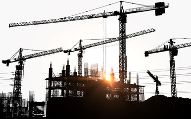 Silhouette of worker are working at construction site on white background.