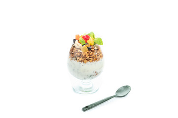 Granola with chia pudding. Granola with nuts and dried fruits. Dish with ganol.