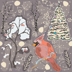 Cute Cardinal in Woodland/Forest. Merry Christmas/Winter Collection. Colorful Unique Design.