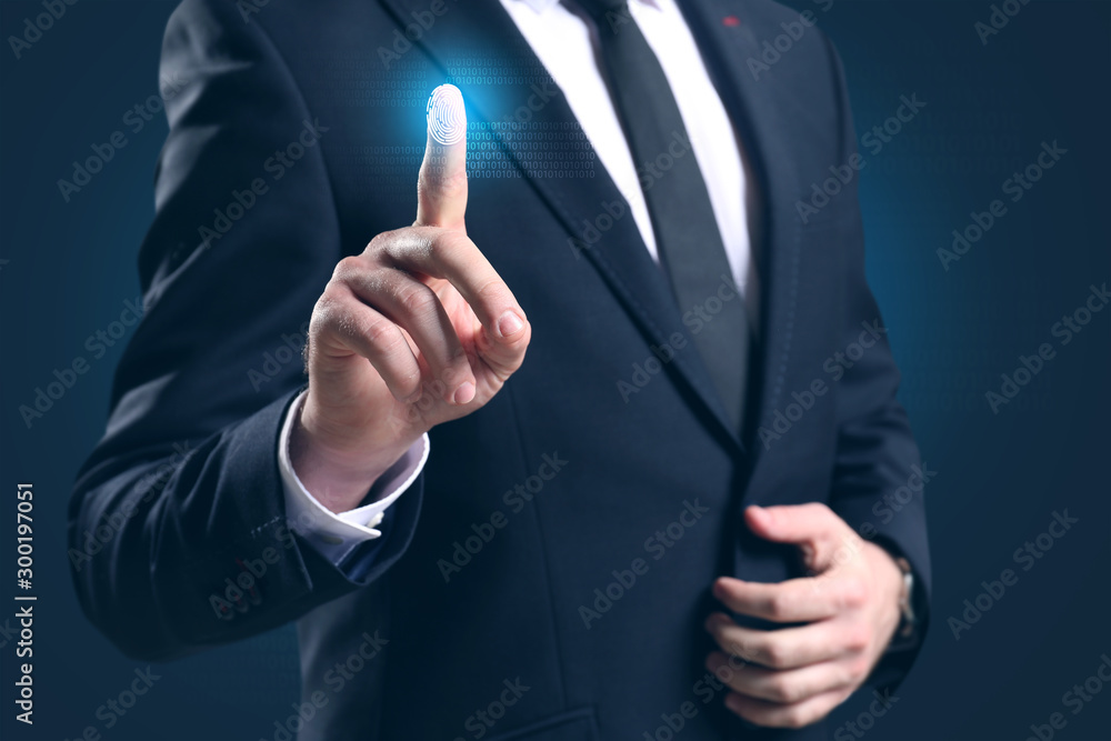 Poster businessman using fingerprint protection for data access