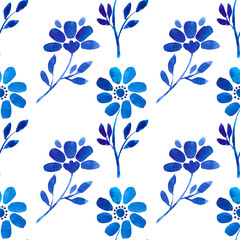 Seamless pattern with flowers, dark blue watercolor flowers isolated on white background. Hand-drawn illustration