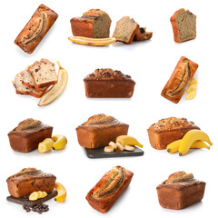 Collage with tasty banana bread on white background