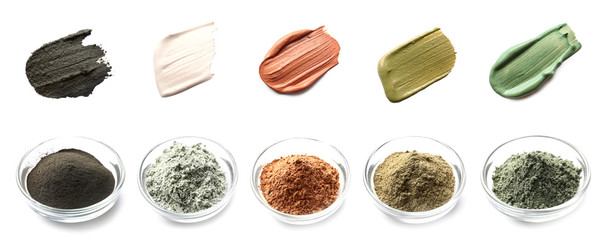 Collage with different cosmetic clays on white background