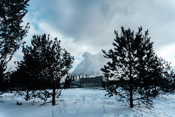 a large plant with chimneys coming out of it on a cold winter day is visible through green trees...