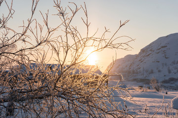 the bright orange sun at dawn in the north beyond the Arctic Circle illuminates the small grass and old rural houses far in the frosty morning in winter