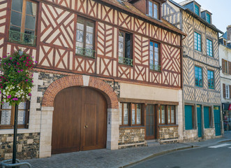 historic half-timbered houses in the Vieux Bassin neighborhood of Honfleur