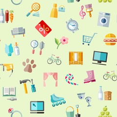 Shops, seamless pattern, color, green, vector. Different product categories. Colored icons on a green field.   