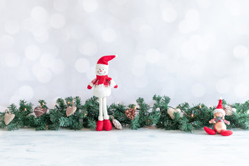 Christmas background with snowman, branches, ornaments , lanscape image with empty space 