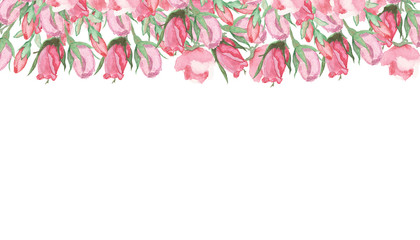 Fototapeta na wymiar Watercolor hand painted nature romantic line banner with pink blossom flowers rose bouquet and green leaves and branches on the white background for invitations and cards with the space for text