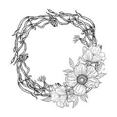 Bright black and white floral floral frame with magnolia flowers.