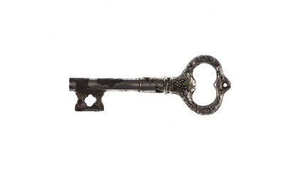 ancient old silver key isolated on white background