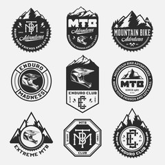 Vector mountain biking adventures, parks, clubs logo, badges and icons. Enduro, downhill, cross  country biking illustration - obrazy, fototapety, plakaty