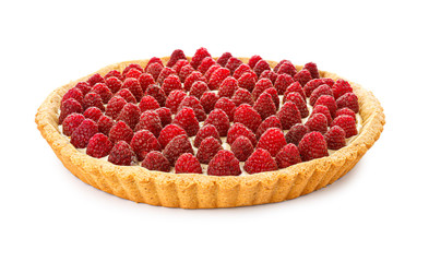 Tasty raspberry pie on white background