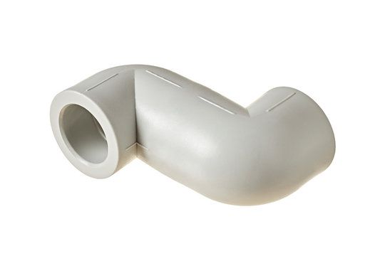 Polypropylene, plastic double corners of 90 degree for connecting pipe for water or other liquid for heating room isolated on white background without shadow. Close-up