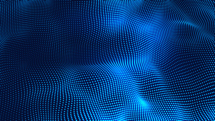 Naklejka premium Futuristic blue dots background with a dynamic wave. Digital technology wave. Big data visualization. Vector illustration.