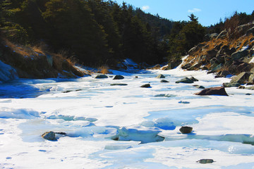 River completely frozen over, Middle Cove Beach, Newfoundland, Canada