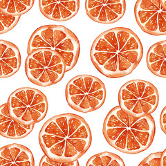 Seamless watercolor hand drawn pattern with tropical dried orange fruit slices for mulled wine healthy organic sweet winter food chips tasty delicious menu food packaging textile wrapping paper design
