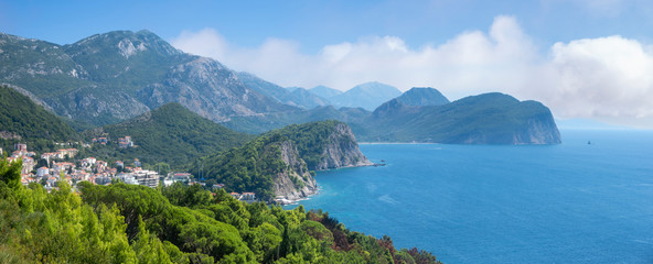 panorama of coastal cliffs and mountains in the Budva area of Montenegro