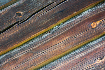 The surface of the old brown wood texture, top view brown wood paneling with wormholes and cracks....