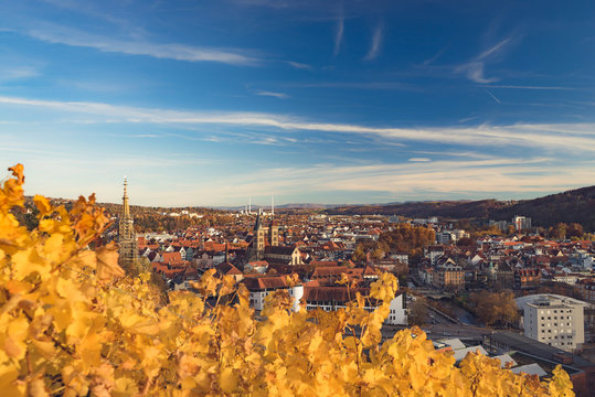 Esslingen am Neckar city panorama autumn leaves of vineyards