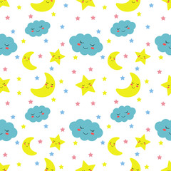 seamless pattern stars, moon and clouds. kawaii wallpaper on white background. baby cute pastel colors. vector Illustration.