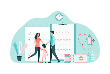 Young married couple with a child chooses a health plan. Family health insurance concept. Treatment, pills, cardiogram, heart. Flat vector illustration isolated on white background.