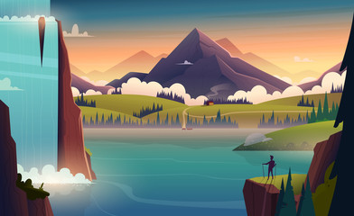 Modern cartoon landscape illustration of river in the mountains with a waterfall and a person in front