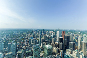 Aerial view of Toronto City Skyscrapers, Looking northeast from top of CN Tower toward East York and Scarborough districts in summer, Union Station at bottom right. Toronto City, Ontario, Canada