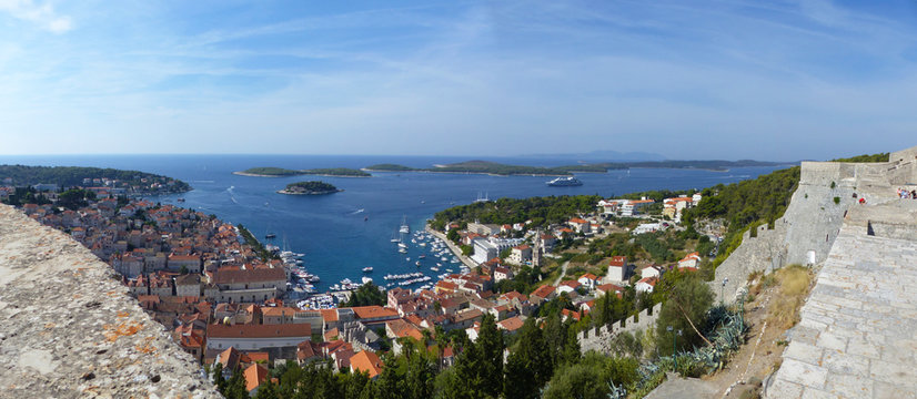 Panoramic view from the Spanish fortress, in the Hvar town. Views of the city and Pakleni Islands (Paklinski). Hvar Island, Dalmatian Region, Adriatic Sea, Croatia.