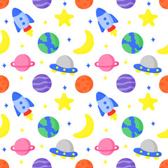 seamless pattern cartoon space. planets isolated on white background. vector Illustration.