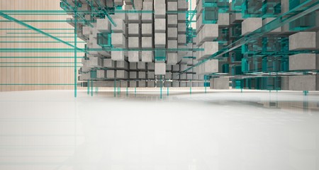 Abstract architectural wood and glass interior from an array of cubes with large windows. 3D illustration and rendering.