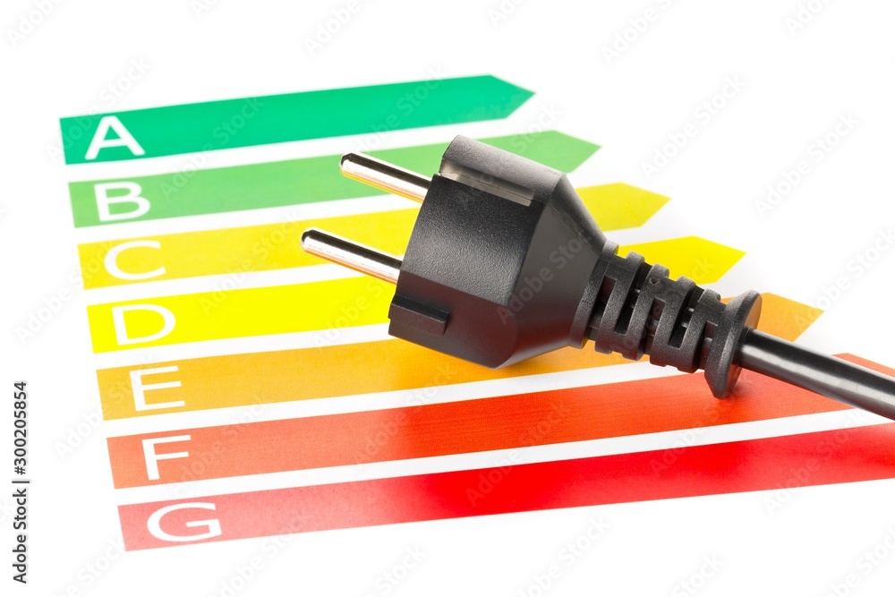Wall mural european energy classification labels with power cord on white - energy saving or power consumption 