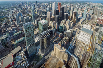 Aerial view of Toronto City Skyscrapers, Looking northeast from top of CN Tower toward East York...