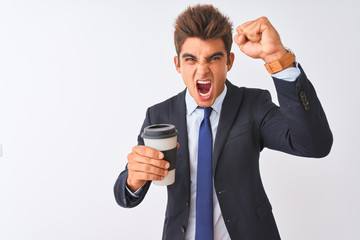 Young handsome businessman wearing suit holding coffee over isolated white background annoyed and frustrated shouting with anger, crazy and yelling with raised hand, anger concept