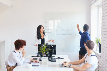 Fototapeta premium Practice business coach in office, multi ethnic meeting in white office, discuss business
