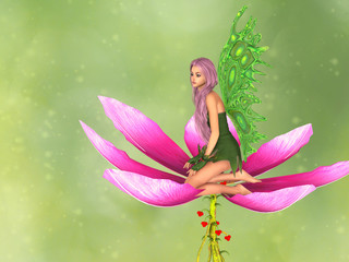 Fairy kneeling on flower. Green bokeh background. 3D rendering.