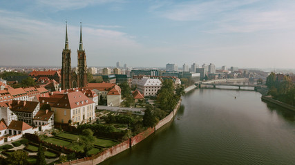 Aerial view of Wroclaw on a sunny misty autumn morning