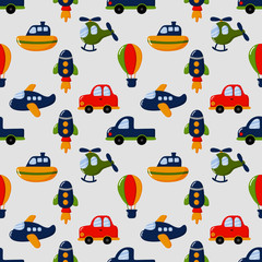 seamless pattern cartoon transport toys. cars, boat, helicopter, rocket, balloon and plane. kawaii style isolated on white background. illustration vector.  