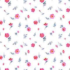 Seamless pattern of small pink flowers on a white background, print for fabric, background for various designs, children's watercolor pattern.