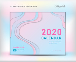 Cover Desk Calendar 2020 template on paper cut abstract background, Cover Design, flyer template, annual report, brochure, booklet, book cover, wave background, trendy pastel color, creative idea