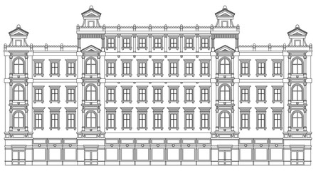 Detail front view house facade building outline contour with shop street panorama, windows, doors and pillars. Vector line art illustration isolated on white