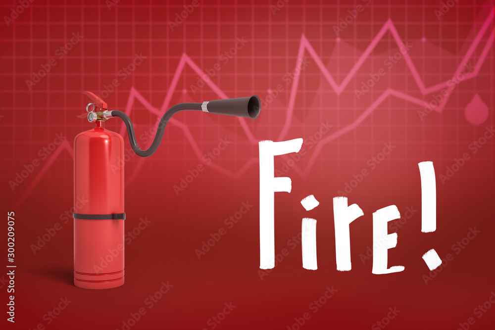 Poster 3d rendering of red foam fire extinguisher with 'fire' sign on red diagram background