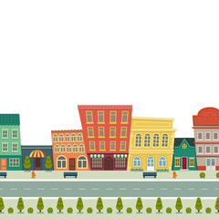 Obraz na płótnie Canvas Funny cartoon cityscape street panorama with houses shop road bench hydrant, horizontally vector illustration clip art