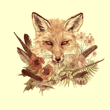 Hand drawn watercolor vintage illustration with fox head , flowers, leaves, feathers.