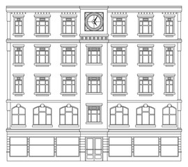 Detail front view house facade building outline contour with shop street panorama, windows, doors and pillars. Vector line art illustration isolated on white