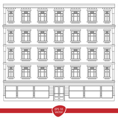 Detail front view house facade building outline contour with shop street panorama, windows, doors and pillars. Vector line art illustration isolated on white