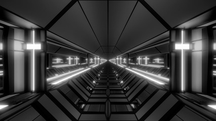 cool futuristic space scifi hangar tunnel corridor with holy glowing christian cross 3d illustration wallpaper background design