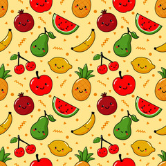 seamless pattern tropical fruit kawaii style. isolated on cream background. vector illustration.